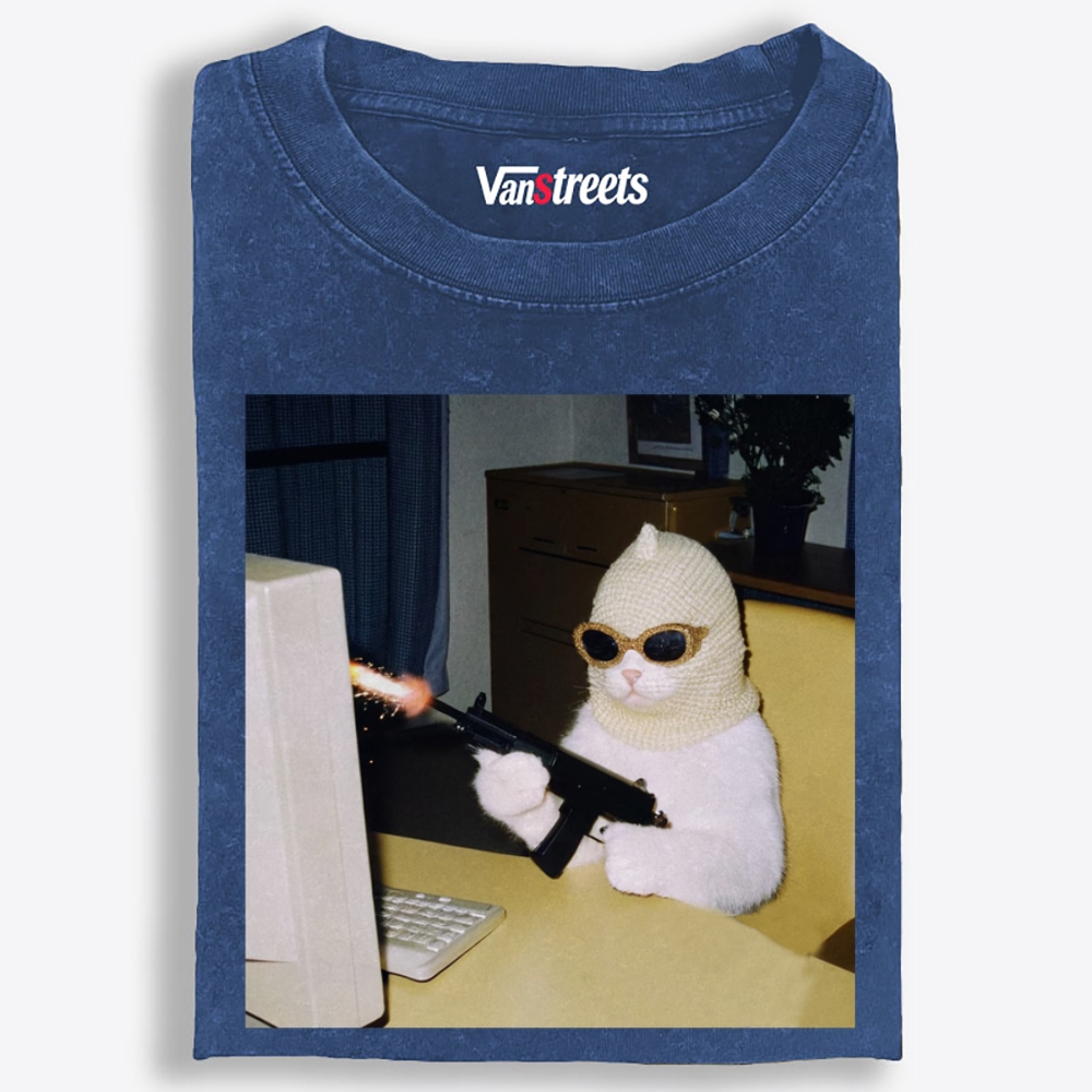 Balaclava Gun Cat Retro Washed T-Shirt | 100% Cotton | Streetwear Essential