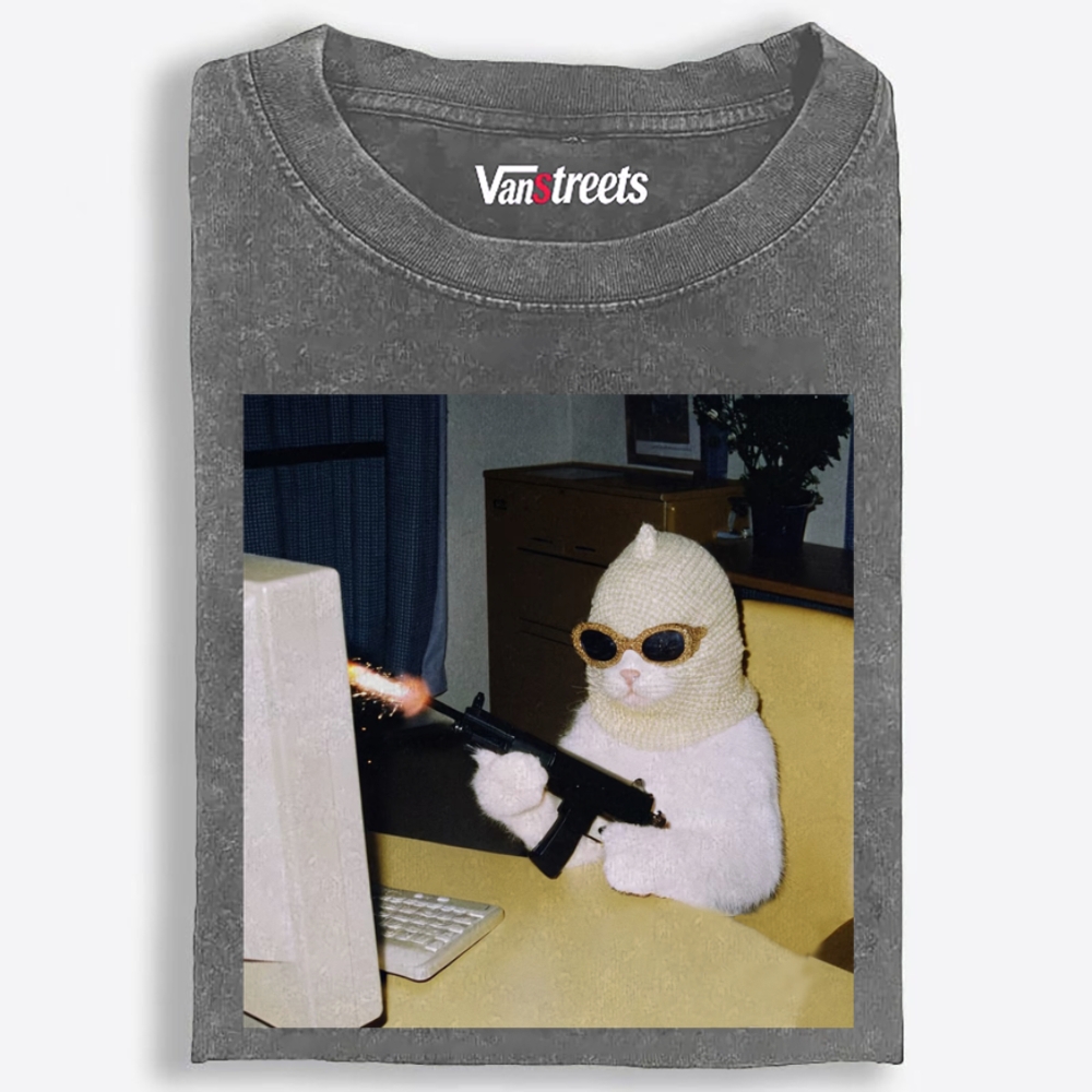 Balaclava Gun Cat Retro Washed T-Shirt | 100% Cotton | Streetwear Essential