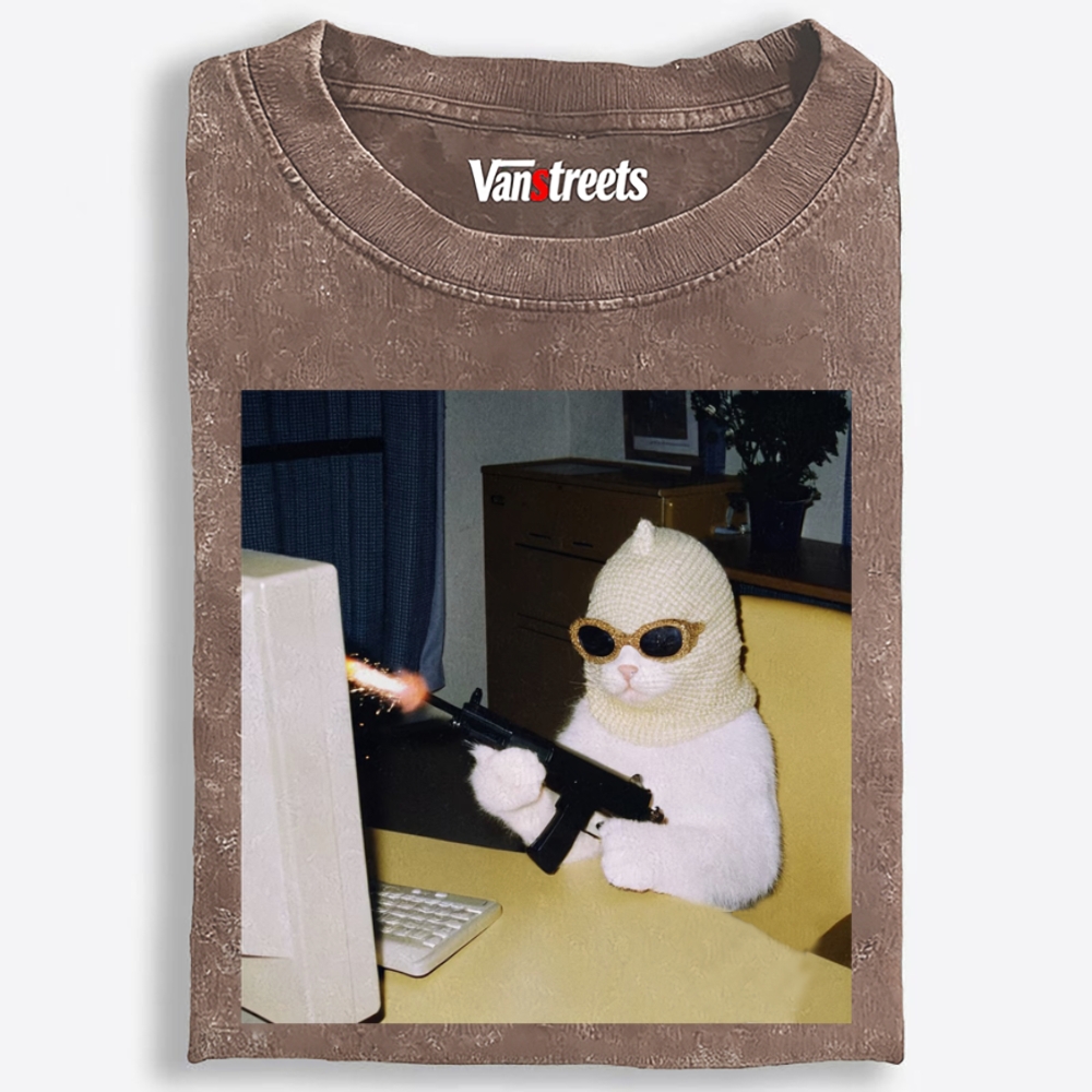 Balaclava Gun Cat Retro Washed T-Shirt | 100% Cotton | Streetwear Essential