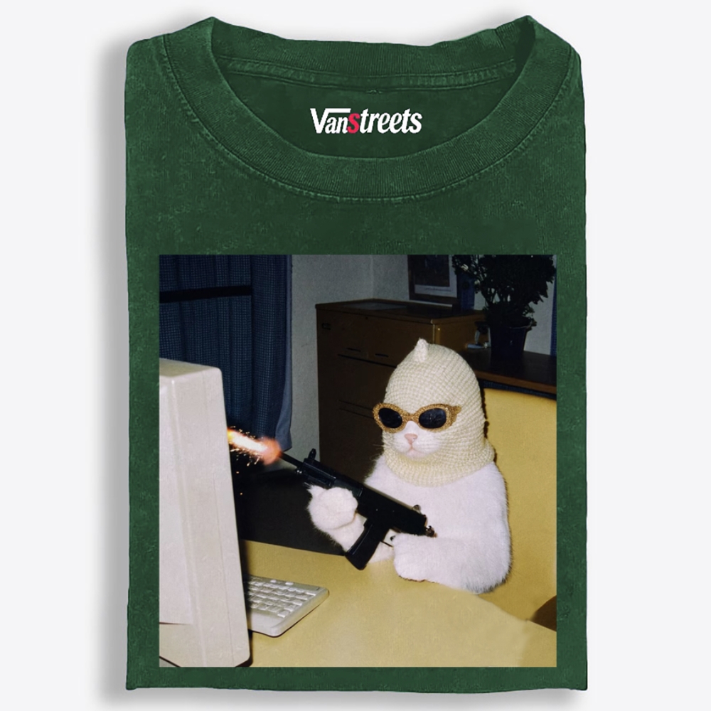 Balaclava Gun Cat Retro Washed T-Shirt | 100% Cotton | Streetwear Essential