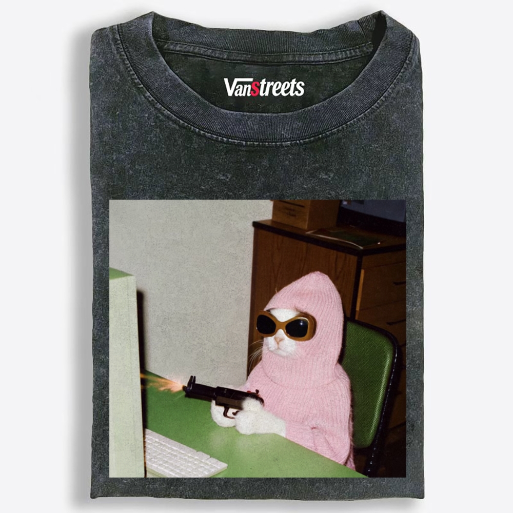 Pink Balaclava Gun Cat Retro Washed T-Shirt | 100% Cotton | Streetwear Essential