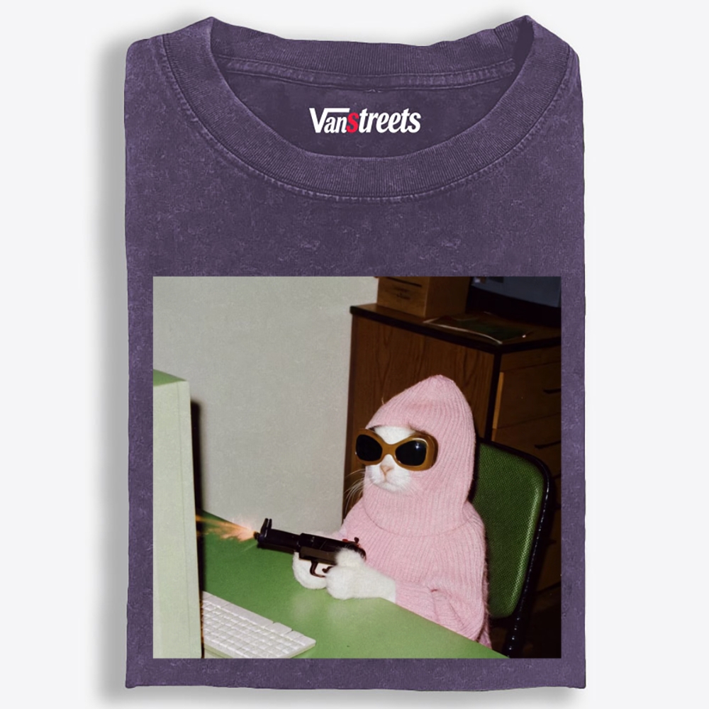Pink Balaclava Gun Cat Retro Washed T-Shirt | 100% Cotton | Streetwear Essential