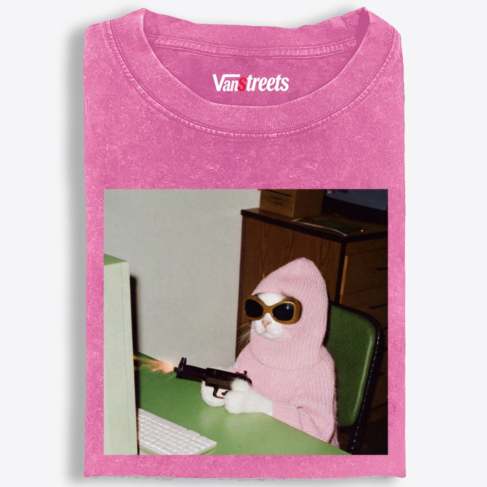 Pink Balaclava Gun Cat Retro Washed T-Shirt | 100% Cotton | Streetwear Essential