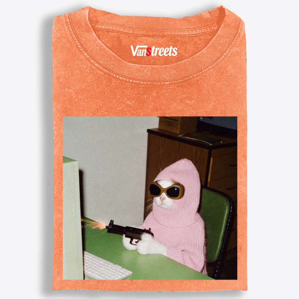 Pink Balaclava Gun Cat Retro Washed T-Shirt | 100% Cotton | Streetwear Essential