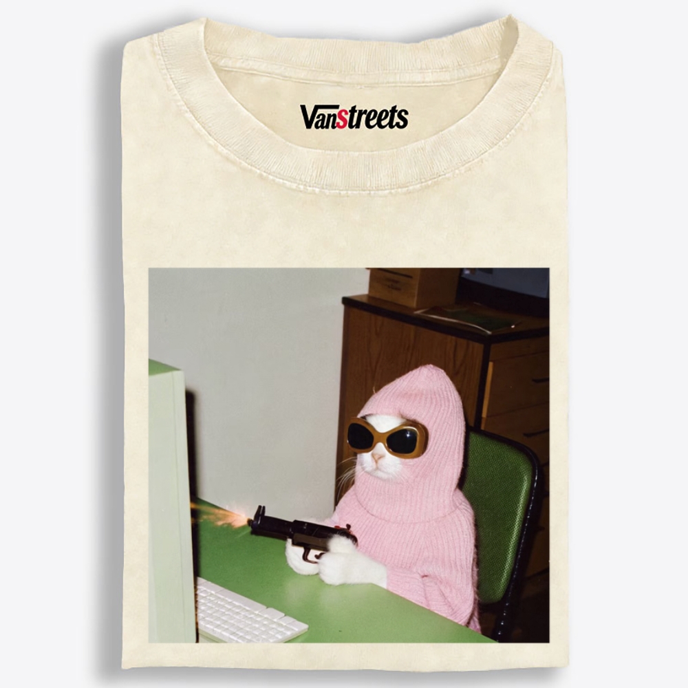 Pink Balaclava Gun Cat Retro Washed T-Shirt | 100% Cotton | Streetwear Essential