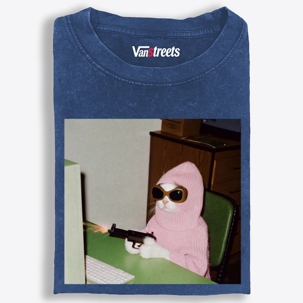 Pink Balaclava Gun Cat Retro Washed T-Shirt | 100% Cotton | Streetwear Essential