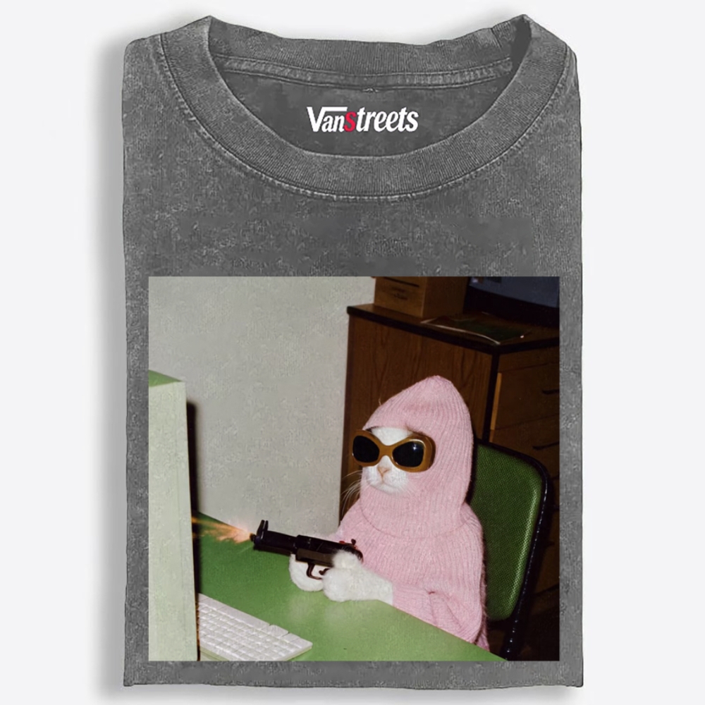 Pink Balaclava Gun Cat Retro Washed T-Shirt | 100% Cotton | Streetwear Essential