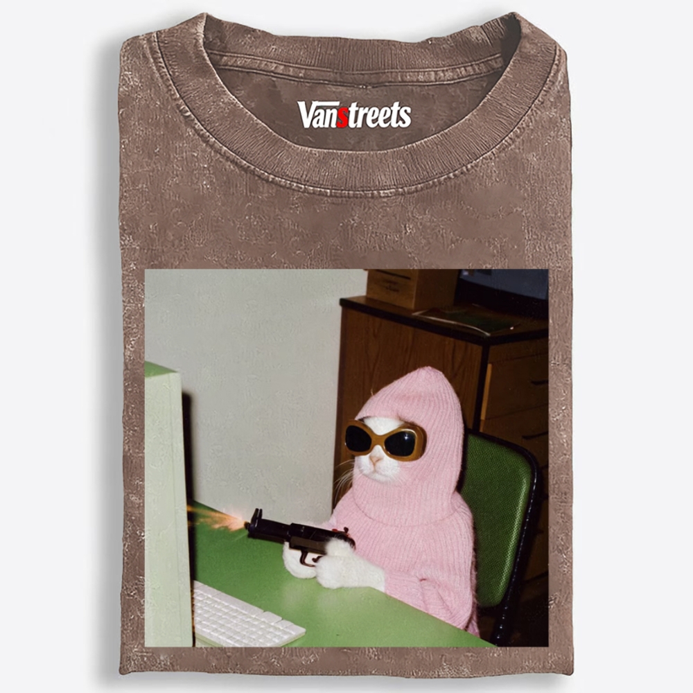 Pink Balaclava Gun Cat Retro Washed T-Shirt | 100% Cotton | Streetwear Essential