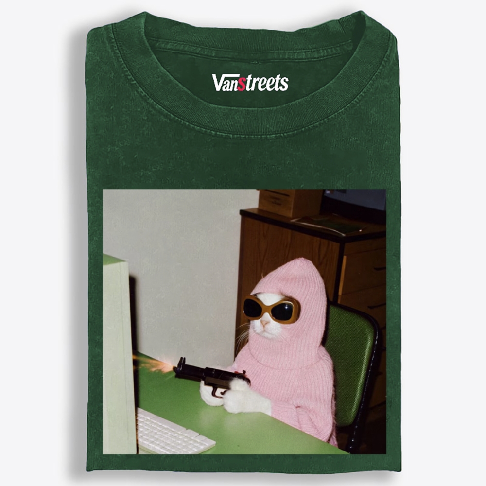 Pink Balaclava Gun Cat Retro Washed T-Shirt | 100% Cotton | Streetwear Essential