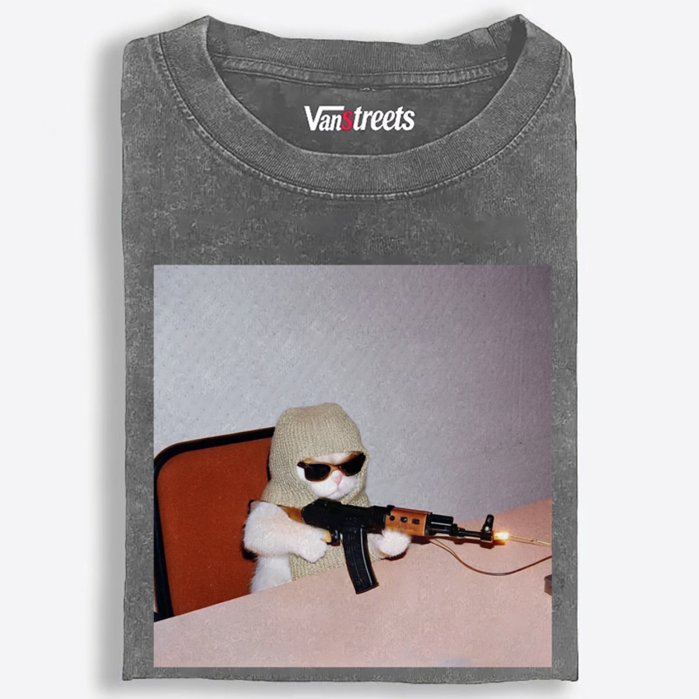 AK Cat Retro Washed T-Shirt | 100% Cotton | Streetwear Essential
