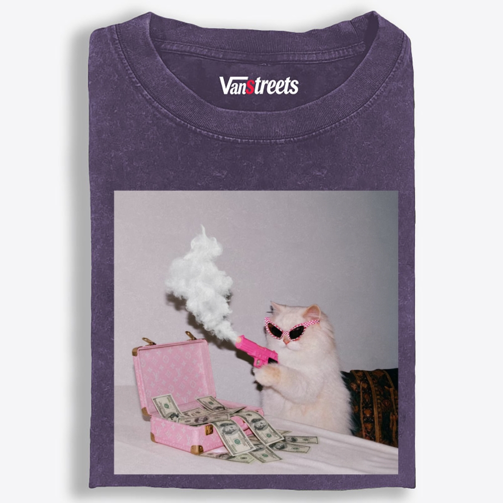 Rich Pink Gun Cat Retro Washed T-Shirt | 100% Cotton | Streetwear Essential