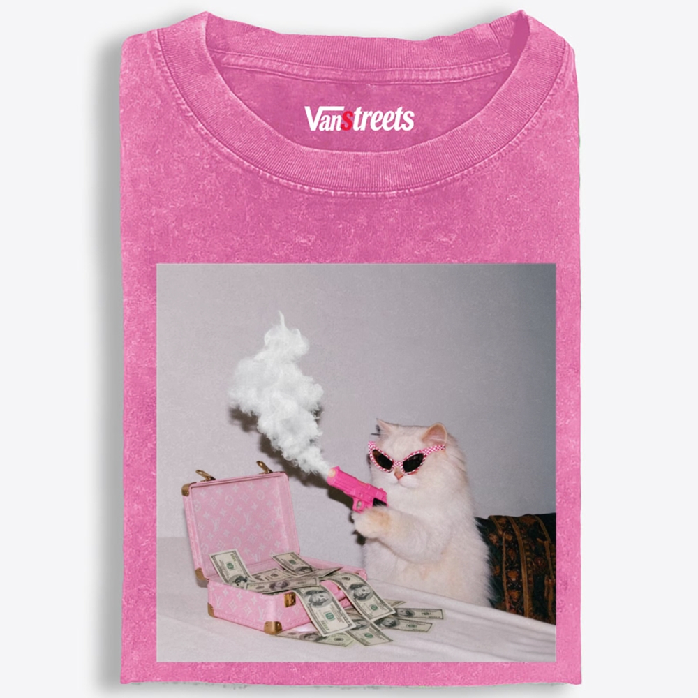 Rich Pink Gun Cat Retro Washed T-Shirt | 100% Cotton | Streetwear Essential
