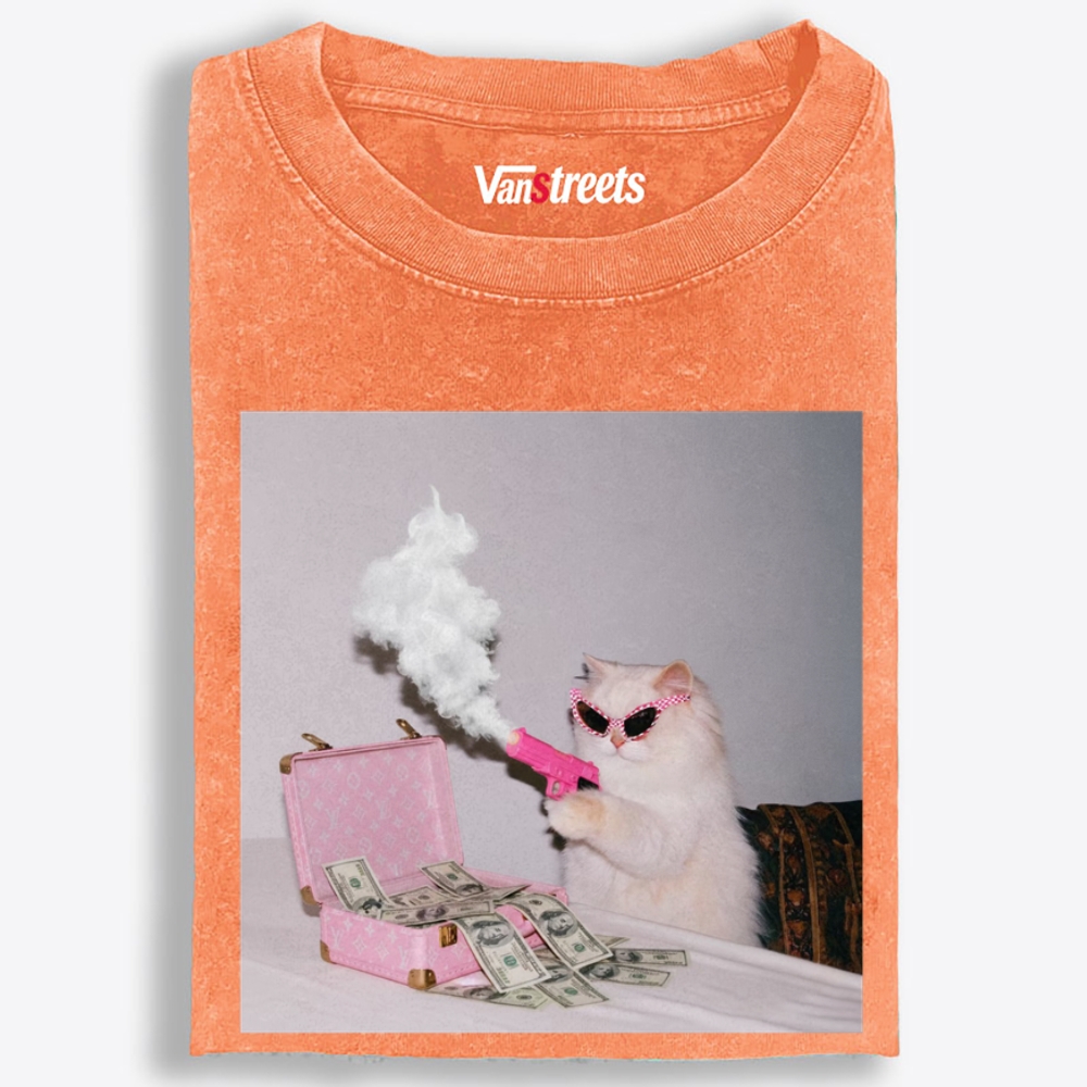 Rich Pink Gun Cat Retro Washed T-Shirt | 100% Cotton | Streetwear Essential