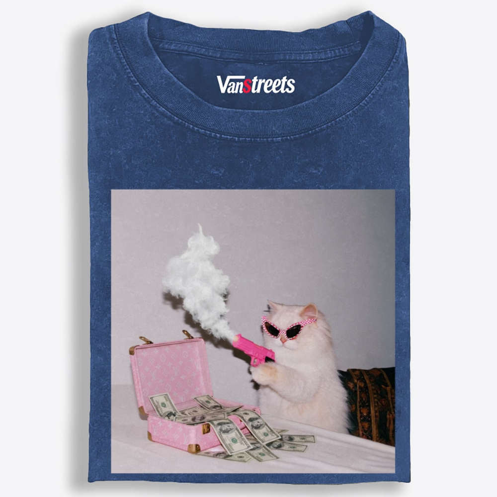 Rich Pink Gun Cat Retro Washed T-Shirt | 100% Cotton | Streetwear Essential