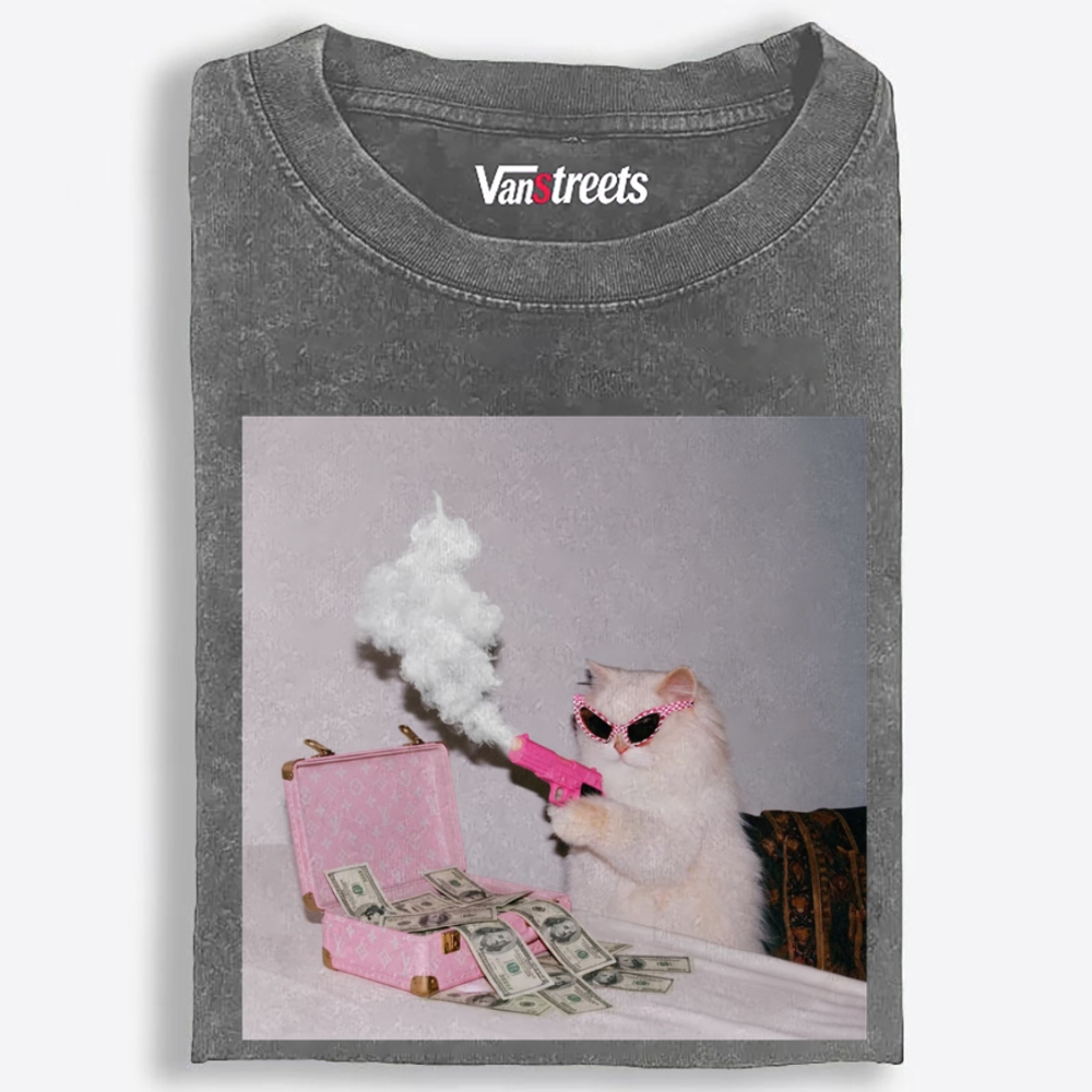 Rich Pink Gun Cat Retro Washed T-Shirt | 100% Cotton | Streetwear Essential