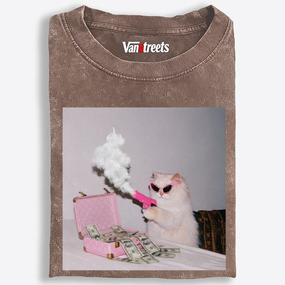 Rich Pink Gun Cat Retro Washed T-Shirt | 100% Cotton | Streetwear Essential
