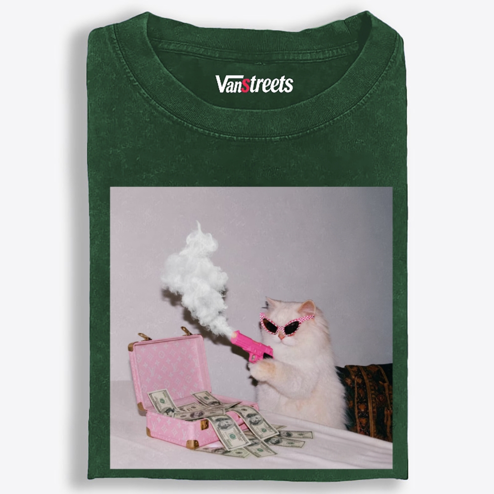 Rich Pink Gun Cat Retro Washed T-Shirt | 100% Cotton | Streetwear Essential