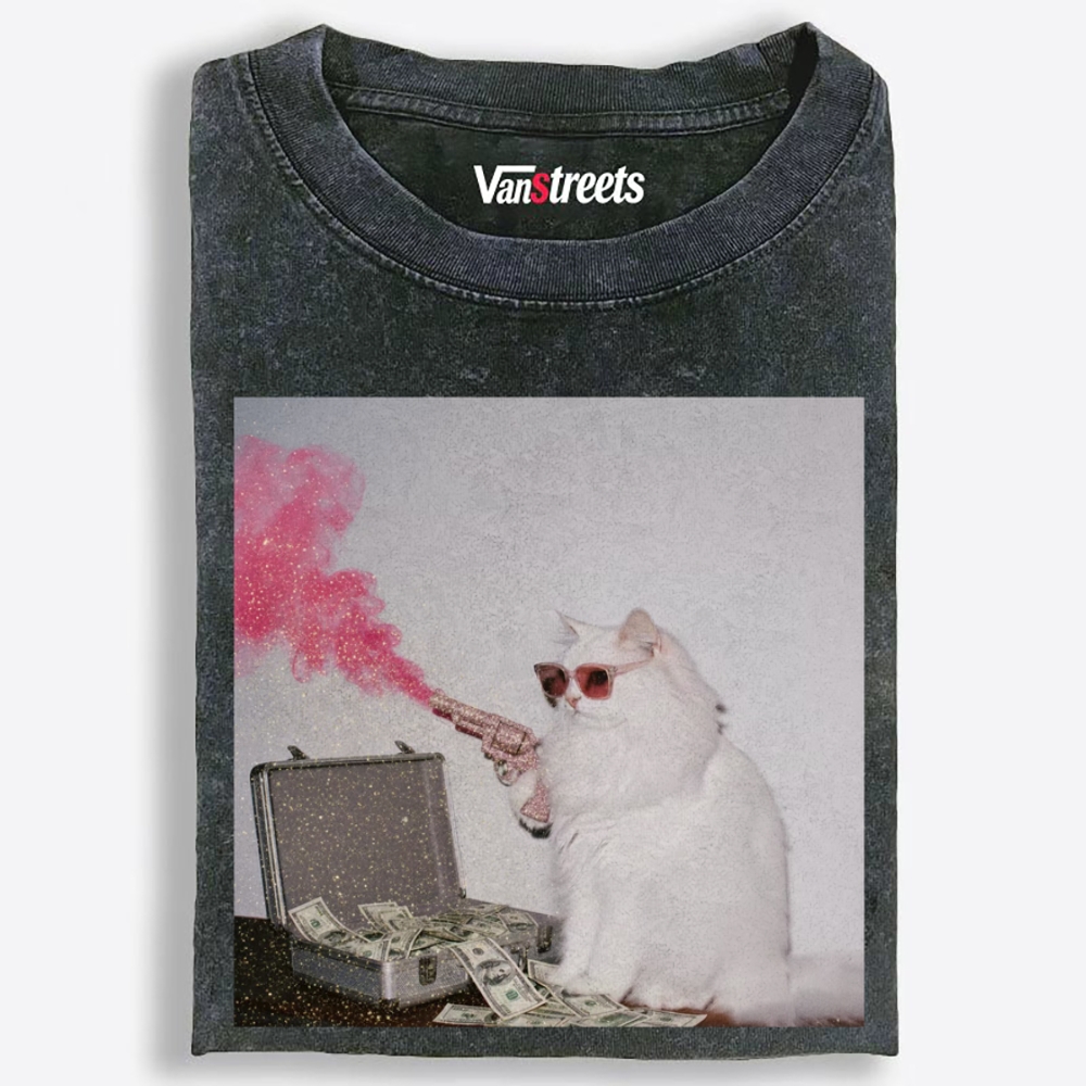 Rich Gangster Cat Retro Washed T-Shirt | 100% Cotton | Streetwear Essential