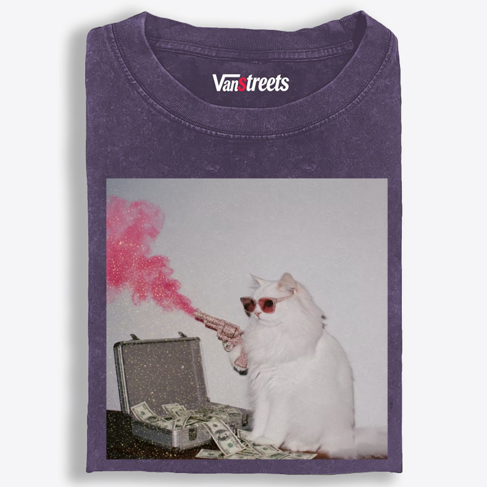 Rich Gangster Cat Retro Washed T-Shirt | 100% Cotton | Streetwear Essential