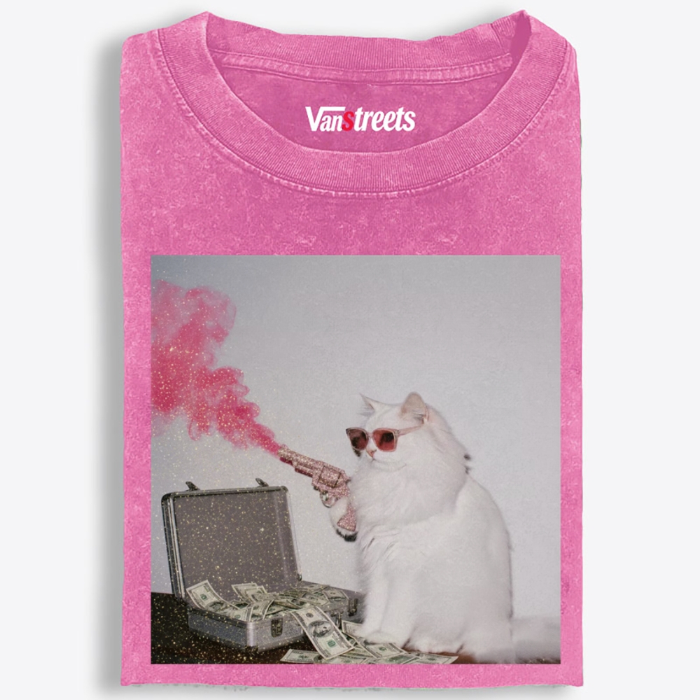 Rich Gangster Cat Retro Washed T-Shirt | 100% Cotton | Streetwear Essential