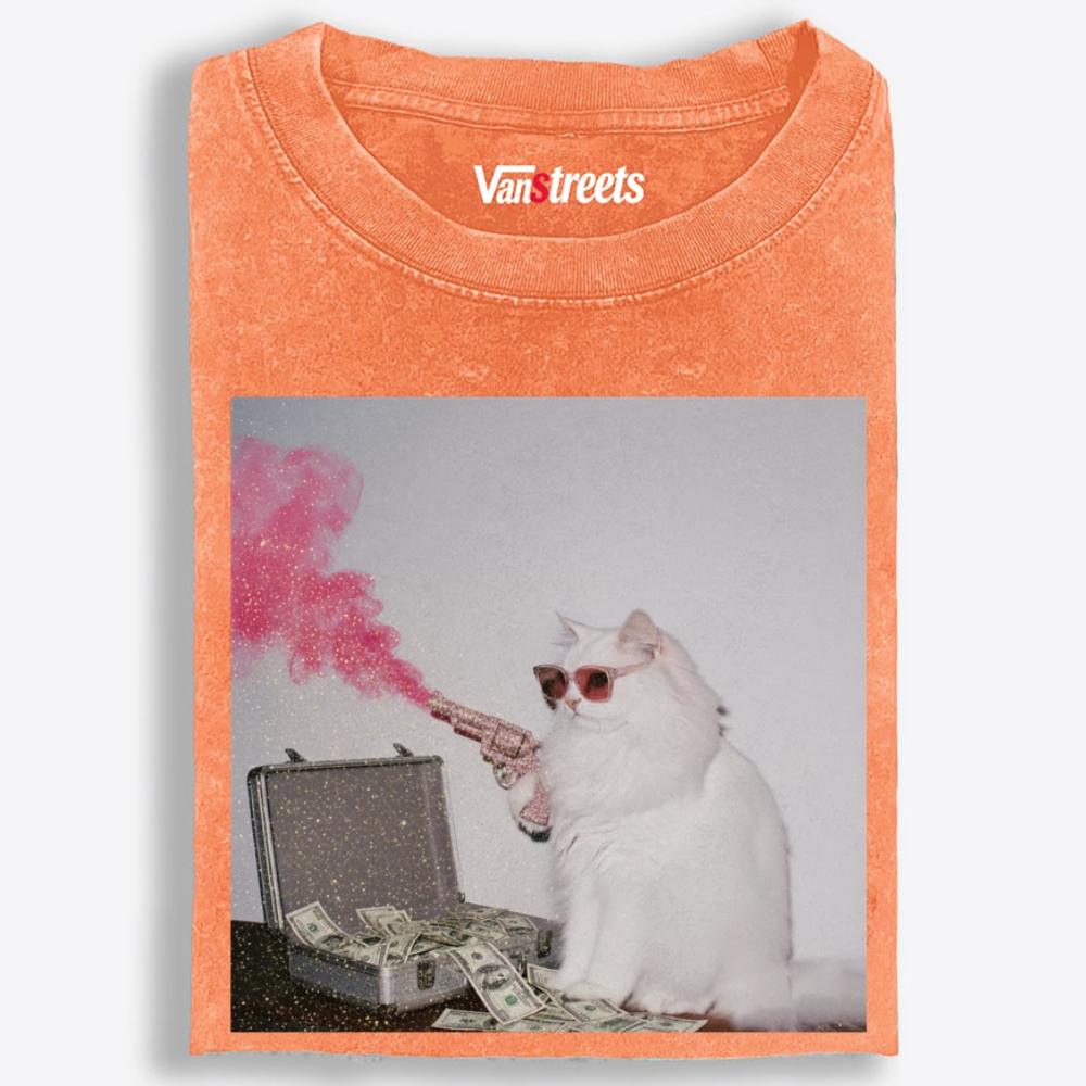 Rich Gangster Cat Retro Washed T-Shirt | 100% Cotton | Streetwear Essential