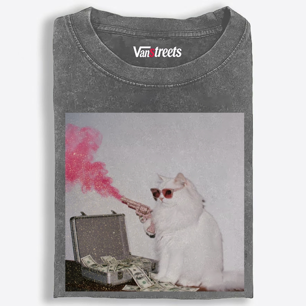 Rich Gangster Cat Retro Washed T-Shirt | 100% Cotton | Streetwear Essential