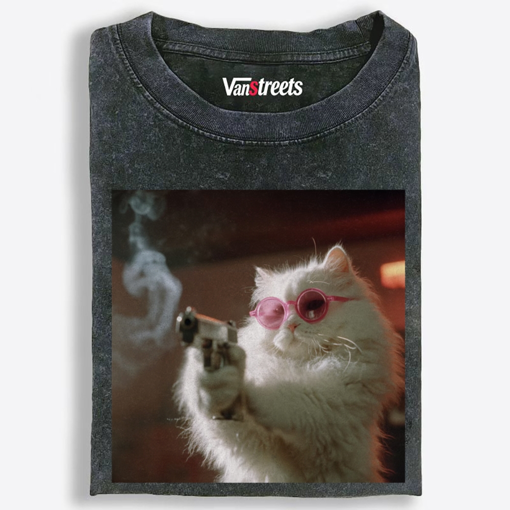 Sugar Assassin Cat Retro Washed T-Shirt | 100% Cotton | Streetwear Essential