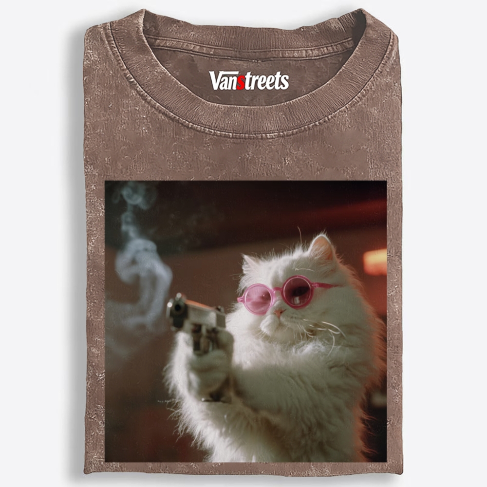Sugar Assassin Cat Retro Washed T-Shirt | 100% Cotton | Streetwear Essential