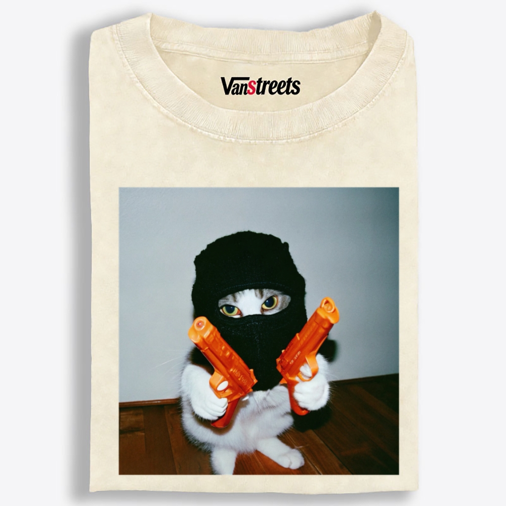 Dual Pistols Cat Retro Washed T-Shirt | 100% Cotton | Streetwear Essential