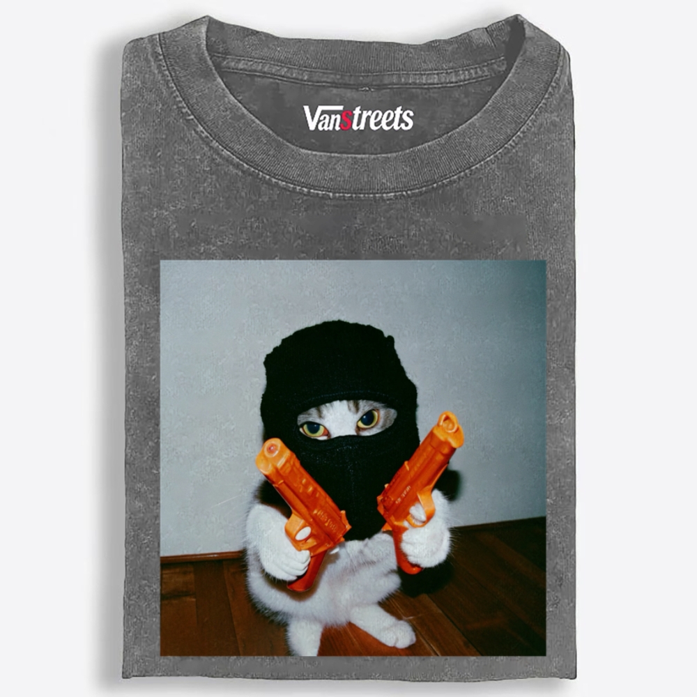 Dual Pistols Cat Retro Washed T-Shirt | 100% Cotton | Streetwear Essential