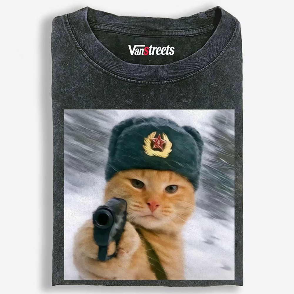 Red Army Cat Retro Washed T-Shirt | 100% Cotton | Streetwear Essential