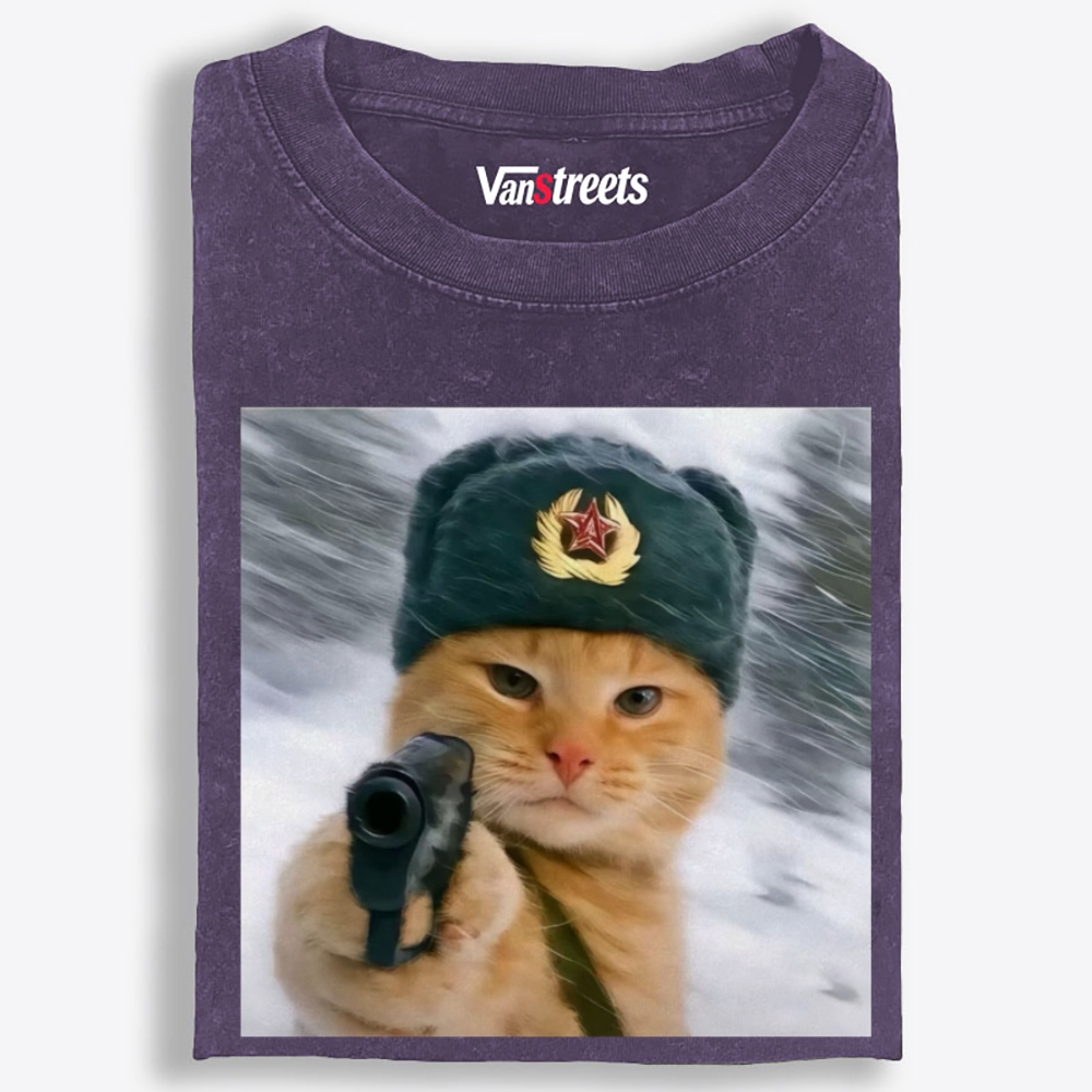 Red Army Cat Retro Washed T-Shirt | 100% Cotton | Streetwear Essential