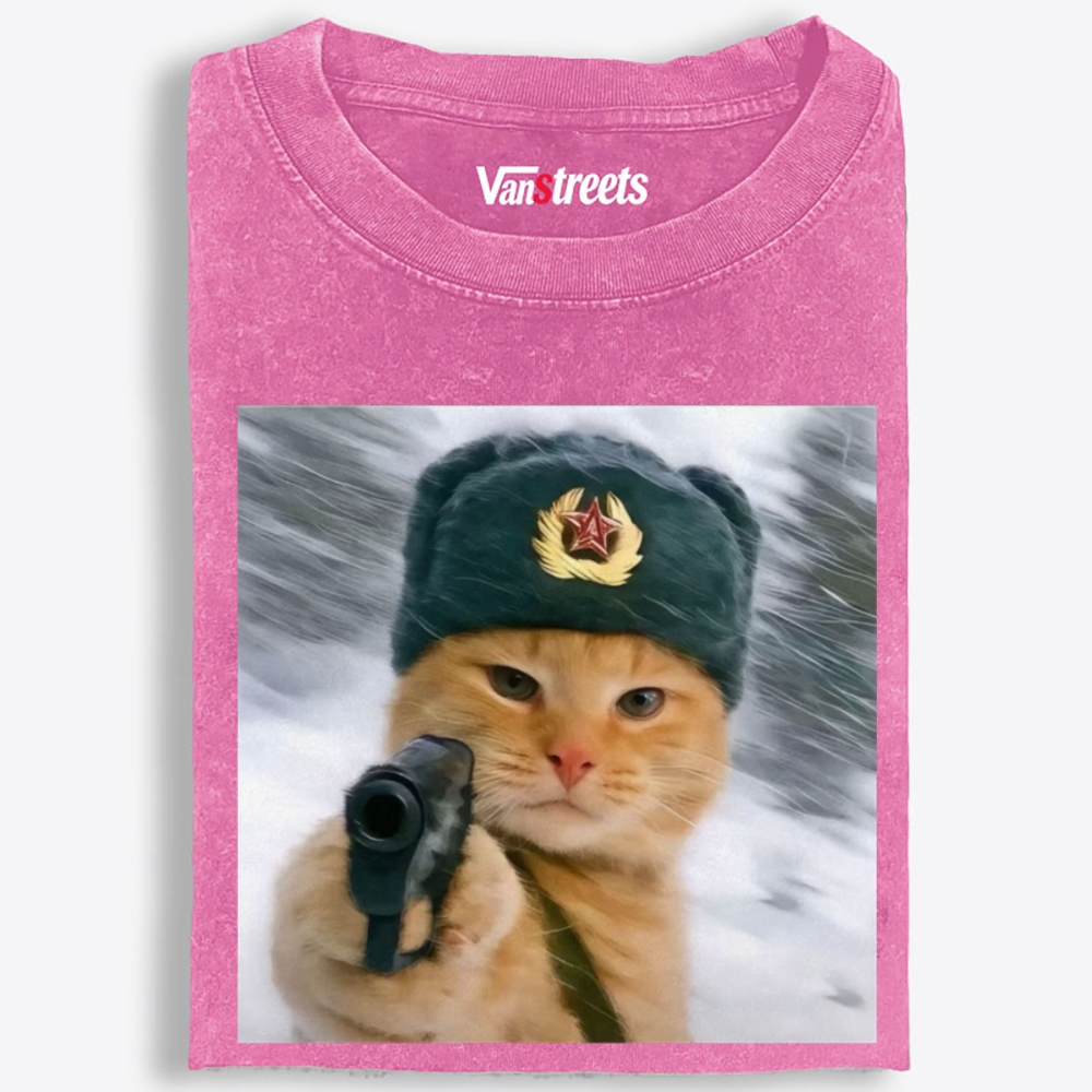 Red Army Cat Retro Washed T-Shirt | 100% Cotton | Streetwear Essential