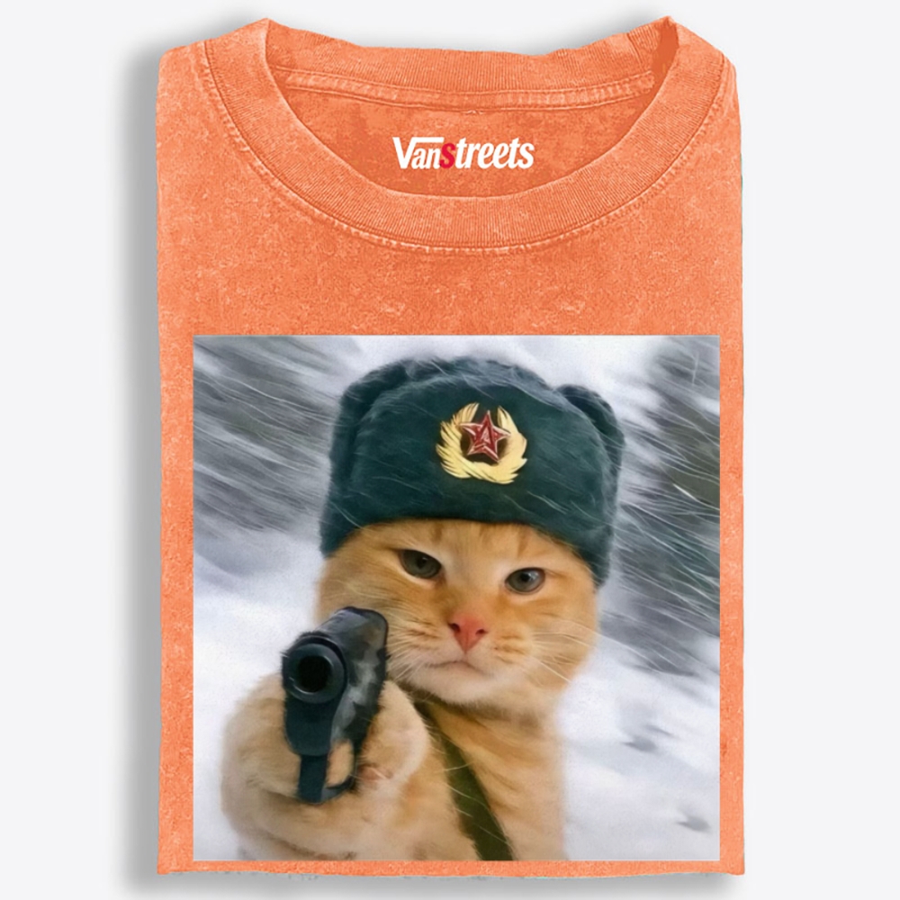 Red Army Cat Retro Washed T-Shirt | 100% Cotton | Streetwear Essential