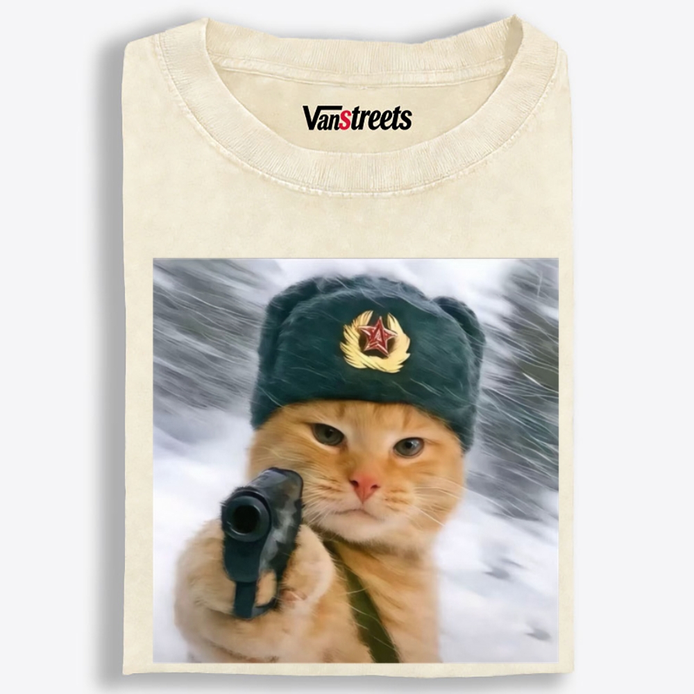 Red Army Cat Retro Washed T-Shirt | 100% Cotton | Streetwear Essential