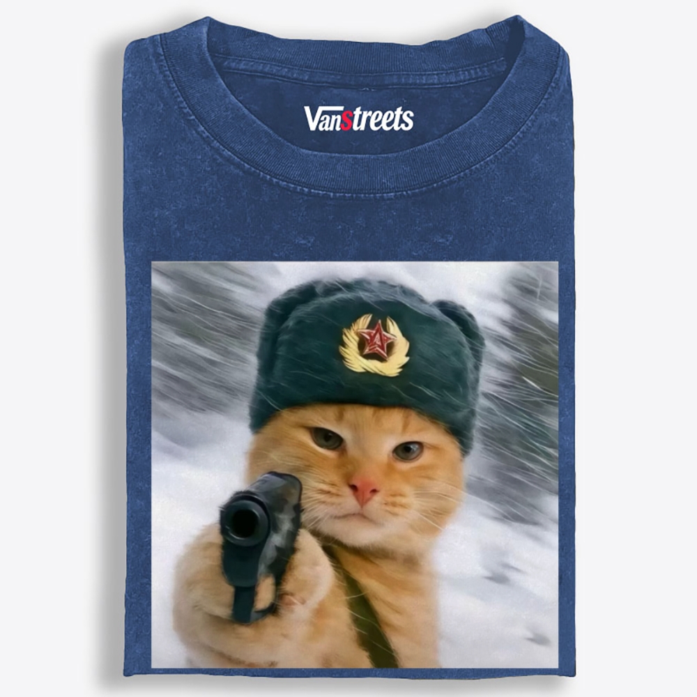 Red Army Cat Retro Washed T-Shirt | 100% Cotton | Streetwear Essential