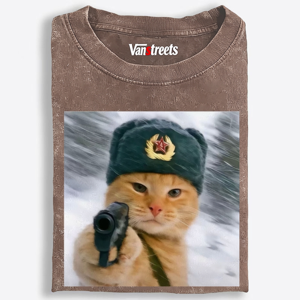 Red Army Cat Retro Washed T-Shirt | 100% Cotton | Streetwear Essential