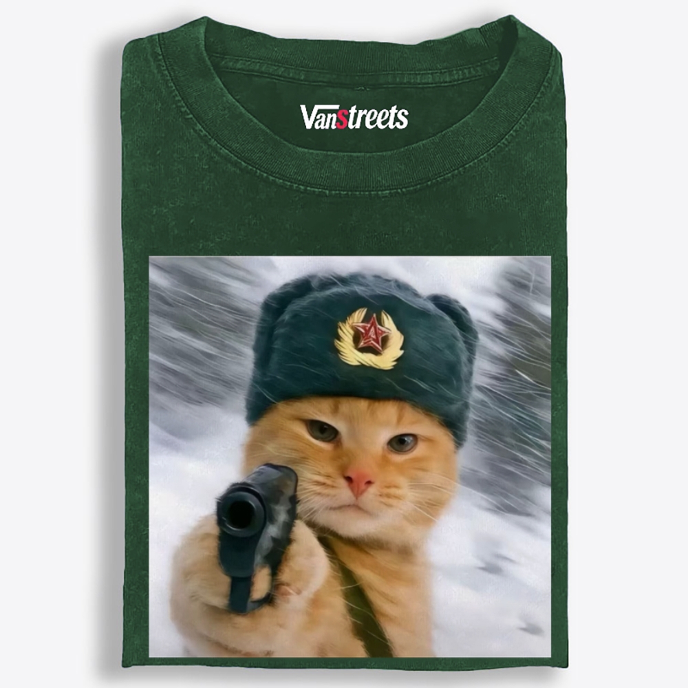 Red Army Cat Retro Washed T-Shirt | 100% Cotton | Streetwear Essential