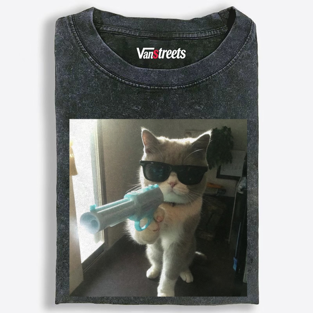 Funny Agent Cat Retro Washed T-Shirt | 100% Cotton | Streetwear Essential