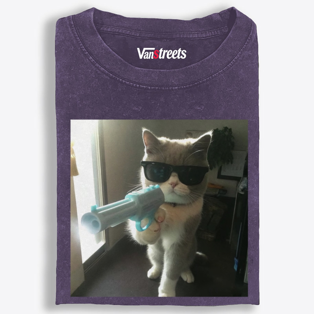 Funny Agent Cat Retro Washed T-Shirt | 100% Cotton | Streetwear Essential