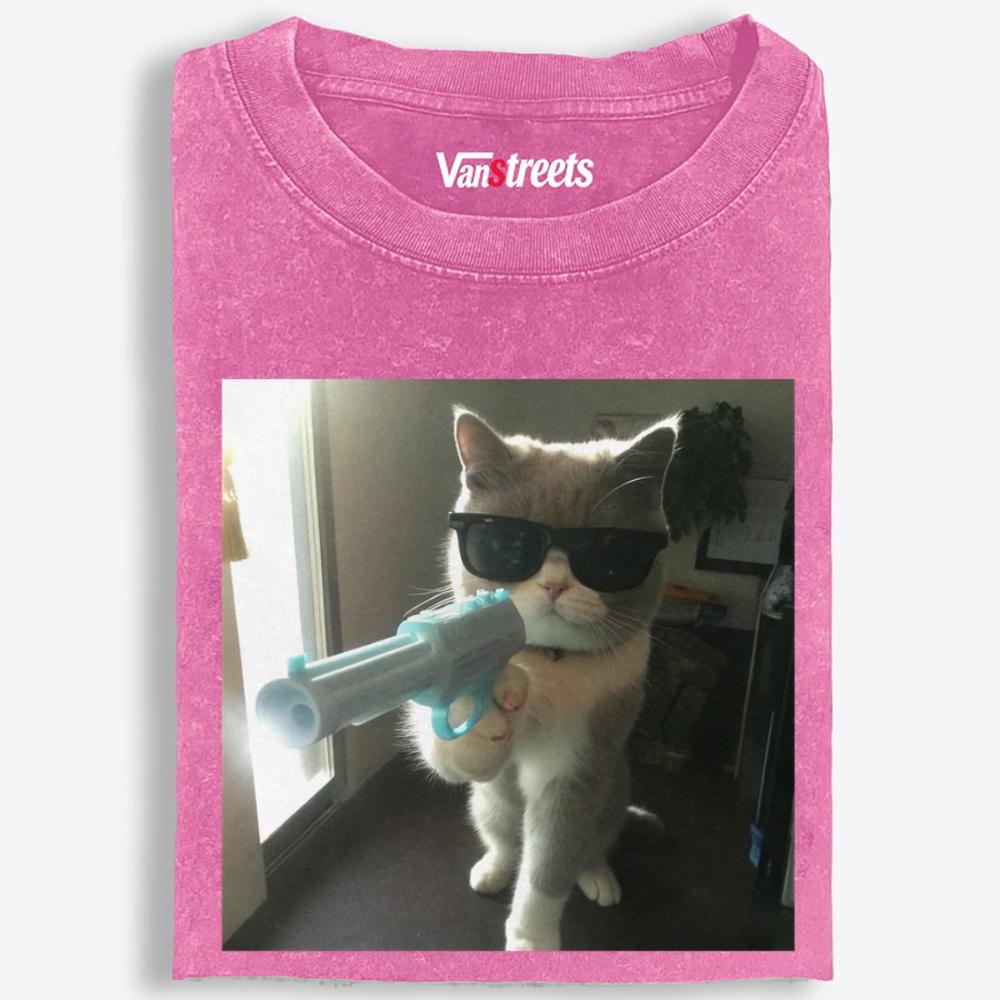 Funny Agent Cat Retro Washed T-Shirt | 100% Cotton | Streetwear Essential
