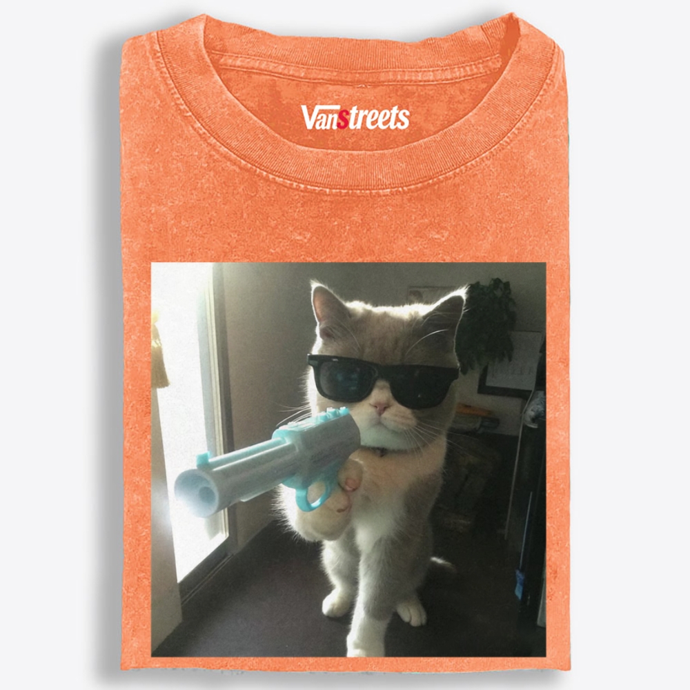 Funny Agent Cat Retro Washed T-Shirt | 100% Cotton | Streetwear Essential