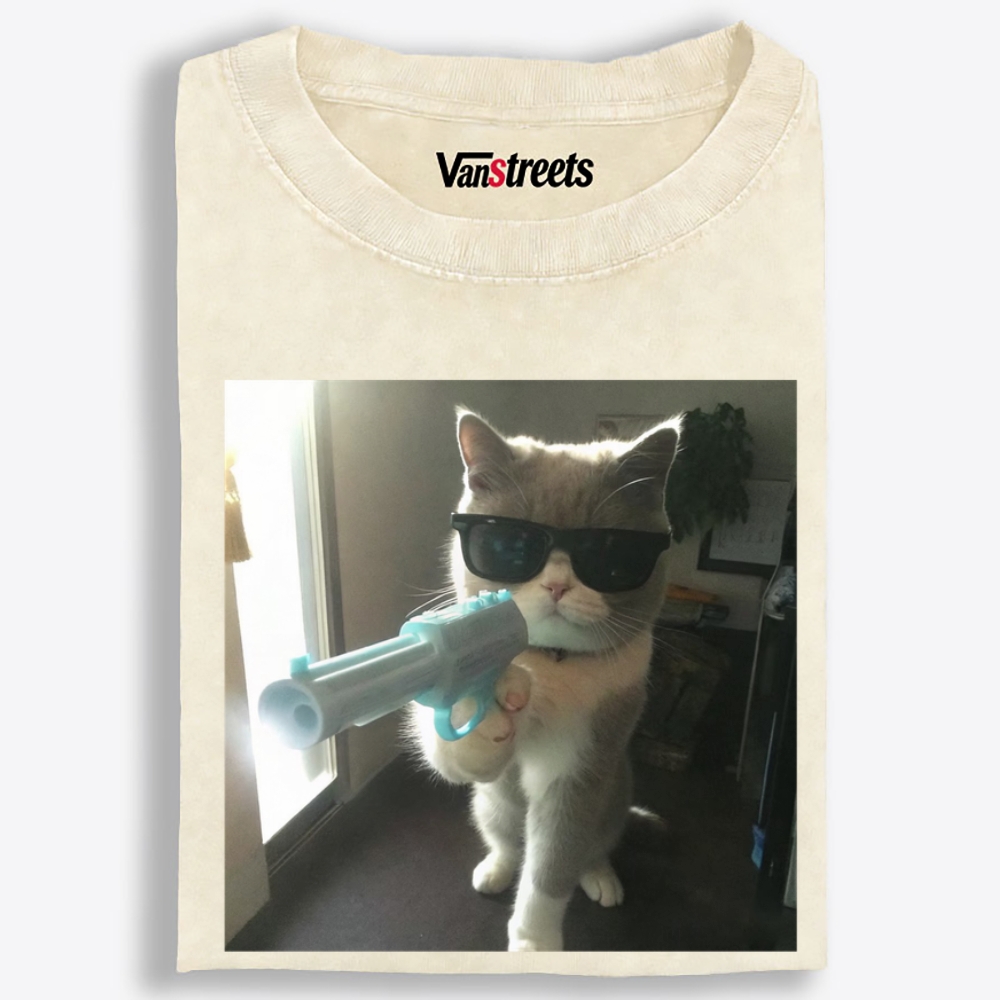 Funny Agent Cat Retro Washed T-Shirt | 100% Cotton | Streetwear Essential