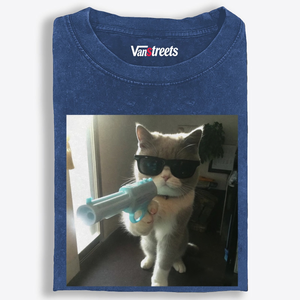 Funny Agent Cat Retro Washed T-Shirt | 100% Cotton | Streetwear Essential