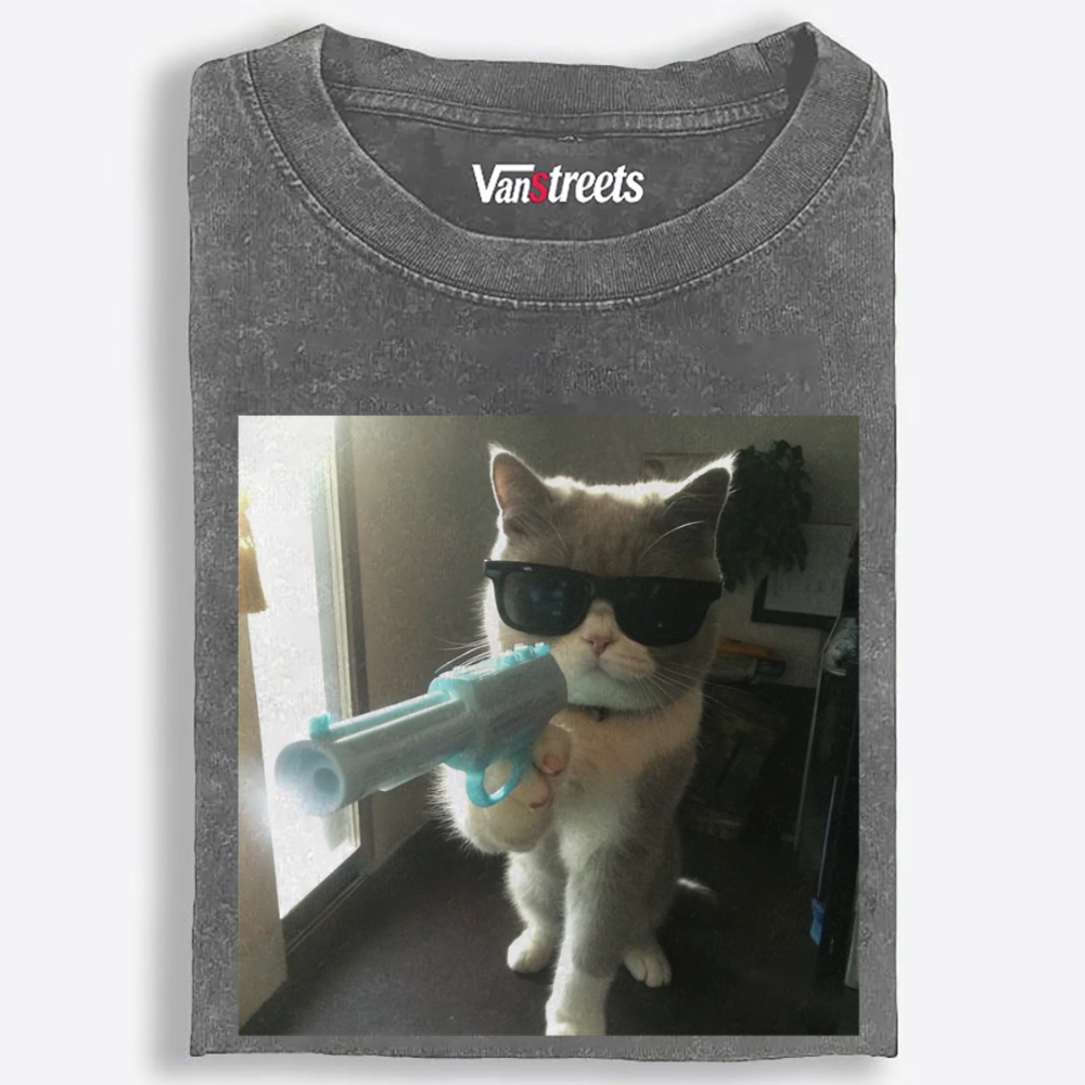 Funny Agent Cat Retro Washed T-Shirt | 100% Cotton | Streetwear Essential