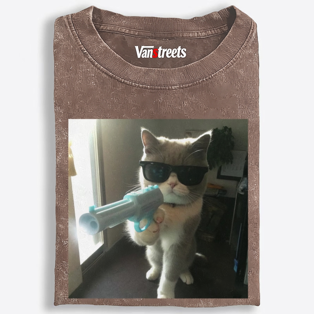 Funny Agent Cat Retro Washed T-Shirt | 100% Cotton | Streetwear Essential