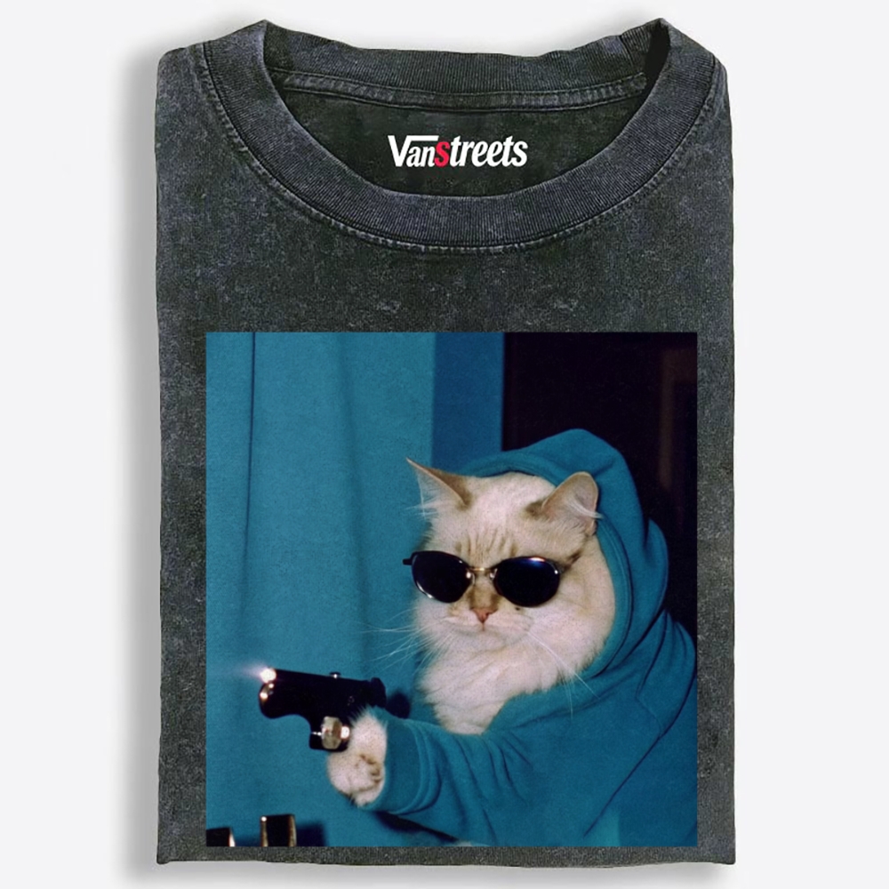 Hoodie Killer Cat Retro Washed T-Shirt | 100% Cotton | Streetwear Essential