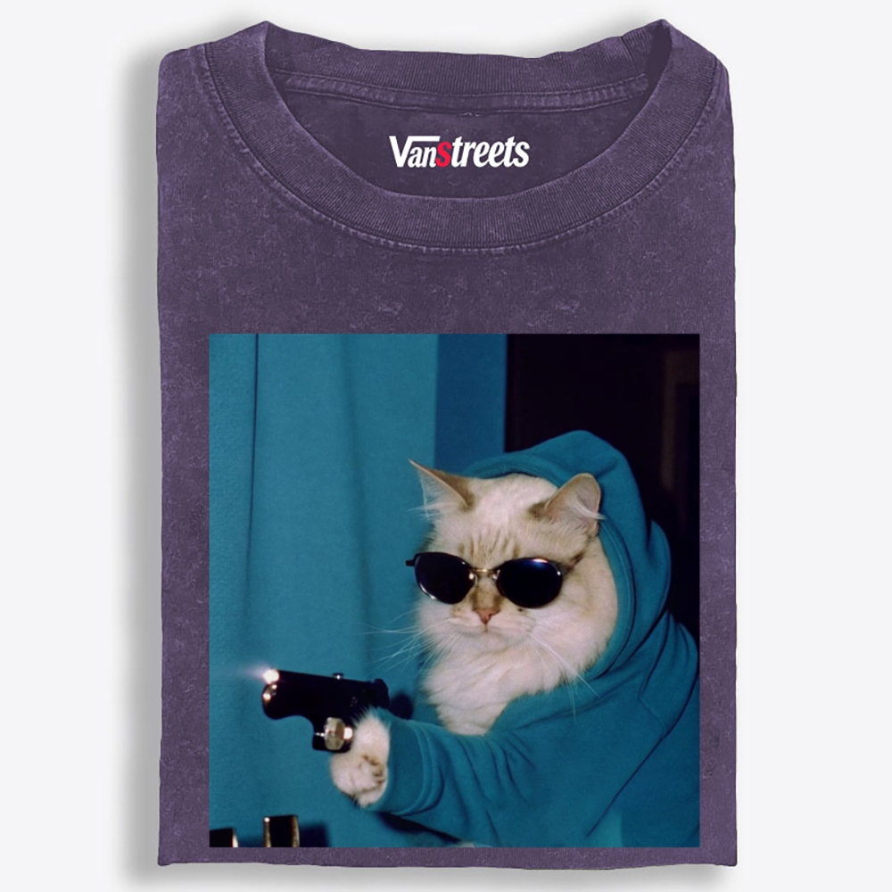 Hoodie Killer Cat Retro Washed T-Shirt | 100% Cotton | Streetwear Essential