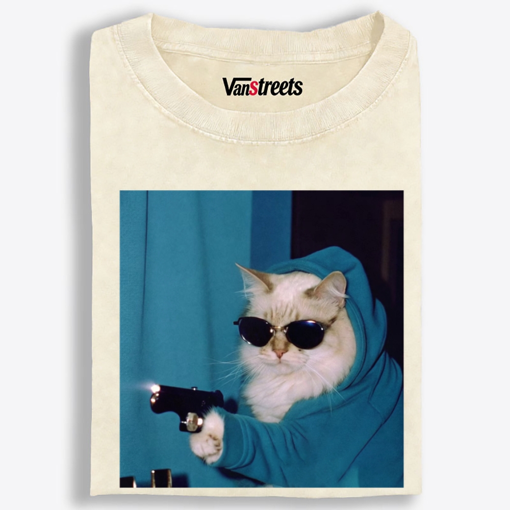 Hoodie Killer Cat Retro Washed T-Shirt | 100% Cotton | Streetwear Essential