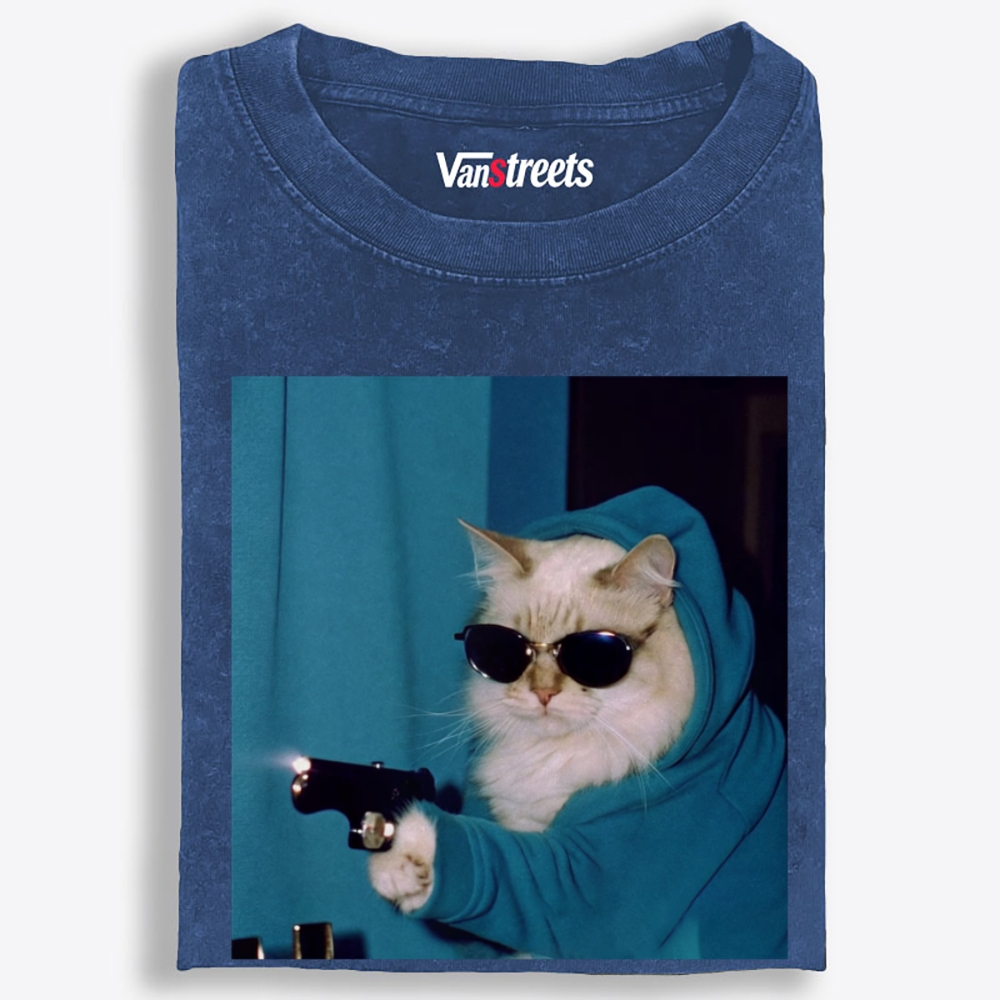 Hoodie Killer Cat Retro Washed T-Shirt | 100% Cotton | Streetwear Essential